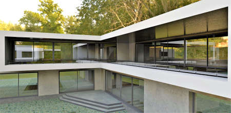 Modern terrace or balcony. Mirrored windows and pink marble trim. 3d rendering. It will be interesting for designers of technological houses.の写真素材