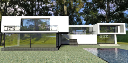 Suburban futuristic house. White walls and lot of glass. 3d rendering. Relevant for designers exploring trends in home design and construction.の写真素材