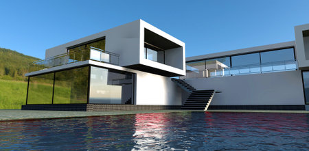 Luxurious country high-tech style house. View of a person swimming in a pool. 3d rendering. Attracts the attention of even the most fastidious client.の写真素材