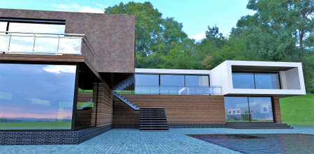 A modern trend in the design of suburban real estate. Finishing the facade with old brick tiles. 3d rendering. Good picture for real estate websites.の写真素材
