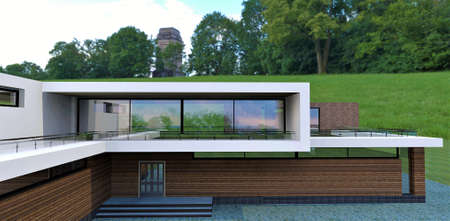 An advanced high-tech country house finished with a facade board. hilly area. The old tower is in the background. 3d rendering. Very good banner for the suburban real estate constructの写真素材