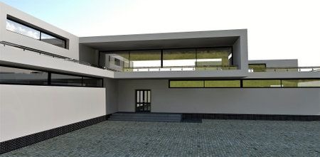Entrance to a chic high-tech country house. Oblong windows are combined with white walls. 3d rendering. Catches the eye of even the most sophisticated client.の写真素材