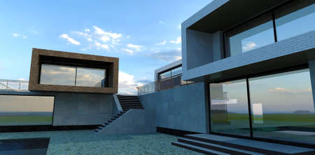 Concrete finish, paving stones and marble plinth. The concept of a chic technolgic country house. 3d rendering. An excellent idea for those who want to choose a house design for constの写真素材