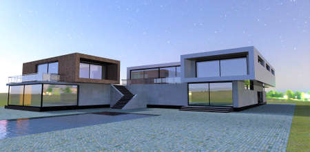 Exclusive design of a country house. night view. Stairs from the second level lead directly to the pool. 3d rendering.の写真素材
