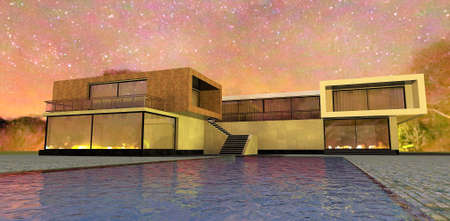 Night view of an advanced high-tech house. The building looks romantic against the backdrop of twinkling stars. 3d rendering. It will be interesting to sellers of expensive real estateの写真素材