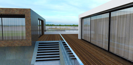 Spacious advanced country house. wooden terrace. Concrete stairs. Large windows with beautiful curtains. 3d rendering. A good idea for modern exterior designers.の写真素材