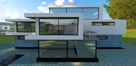 Brutal newly built high-tech house. three levels. White plaster finish. Exclusive option. 3d rendering.の写真素材