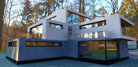 Luxurious three-level house in high-tech style. autumn ancient forest. The mirrored windows reflect the trees. 3d rendering.の写真素材