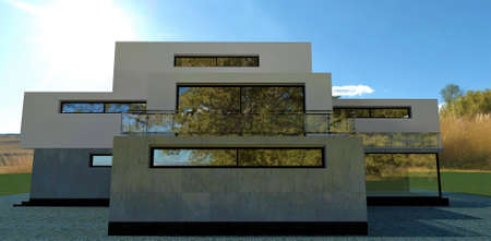 Quiet summer day. The sun shines brightly. Large luxury advanced high-tech building. 3d rendering.の写真素材