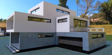 Three-level luxury advanced high-tech building. concrete finish. View of the entrance and garage. 3d rendering.の写真素材