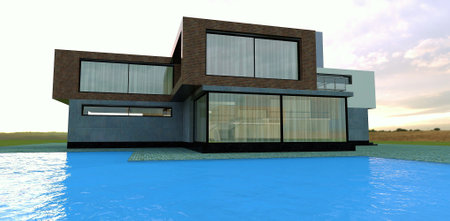 Luxurious spacious high-tech style villa with a large blue pool against a cloudy sky. 3d rendering. Great banner for the sale of exclusive real estate.の写真素材