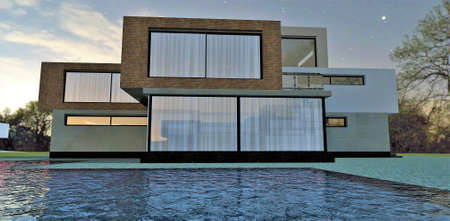 Modern beautiful house in high-tech style with a swimming pool. night view. 3d rendering. A suitable picture for publications about suburban real estate.の写真素材