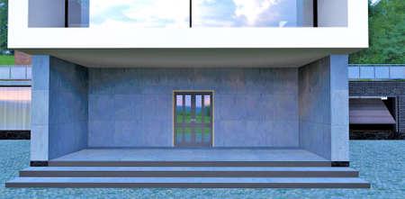 Modern spacious house in high-tech style. The porch is finished with concrete. Stylish wide staircase. 3d rendering. Appropriate image for a building design website.の写真素材