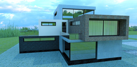 Old, black and white bricks, as well as concrete. Finishing a brutal house in high-tech style. 3d rendering. Suitable image for a real estate website.の写真素材