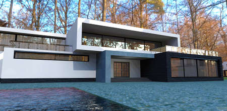 Luxurious advanced high-tech country house. Sunny day in the autumn forest. 3d rendering.の写真素材