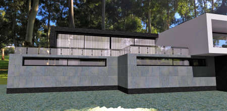 Spacious advanced high-tech country house in the forest. concrete finish. 3d rendering. A great idea for an advertising banner for the real estate sale.の写真素材