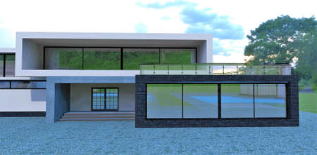 Luxurious advanced country house. high tech style. Elongated rectangular shapes. 3d rendering. A good idea for expensive real estate designers.の写真素材