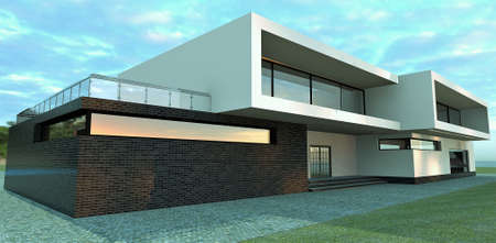 The light of the rising sun is reflected in the windows of a luxurious high-tech country house. 3d rendering. Successful banner for advertising real estate.の写真素材