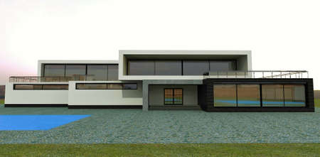 Advanced modern high-tech style villa with a blue pool. cloudy sky. 3d rendering. Suitable for sites about the design and construction of real estate.の写真素材