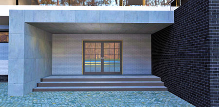 Entrance to a luxury advanced high-tech country house. White and black brick finish. 3d rendering. good idea for designers.の写真素材