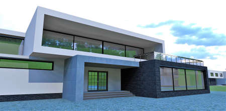 Entrance to a new advanced country house. Popular now high-tech style. Elongated rectangular shapes. 3d rendering. A good idea for expensive real estate designers.の写真素材
