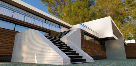 Modern high-tech country house. sunglare. White brick and facade board. Walk down the stairs to the pool. 3d rendering. Good picture for real estate sites.の写真素材