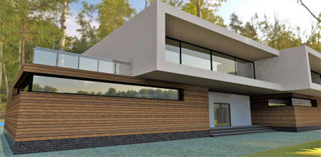 Entrance to an advanced high-tech country house with a flat roof. Facade decoration with wood. Young birches in the background. 3d rendering. Good picture for exterior design websitesの写真素材