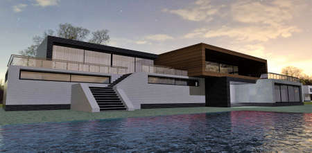 Amazing luxury house with large swimming pool under the evening sky. 3d rendering. Very effective banner for real estate sale site.の写真素材