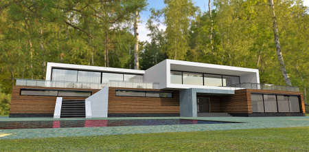 Amazing cozy high-tech country house with a rooftop terrace in a beautiful forest. wooden facade. 3d rendering. Suitable for a magazine about modern real estate.の写真素材