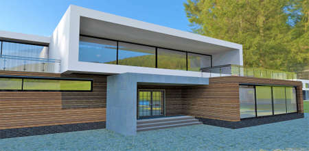 Entrance to a modern high-tech country house. White brick, facade board, and concrete. Gorgeous sunny day. 3d rendering. Nice picture for real estate design websites.の写真素材