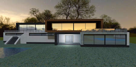 Amazing luxury house with large swimming pool under the evening sky. 3d rendering. Very effective banner for real estate sale site.の写真素材