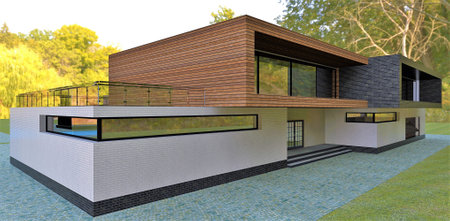 Awesome house with wooden and white bricks finishing. Yellow leaves trees reflect on the windows. 3d rendering. Good idea for the real estate magazine image.の写真素材