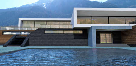 An amazing high-tech house somewhere high in the mountains. Gorgeous roof terrace and large swimming pool. 3d rendering. Great banner for the sale of real estate.の写真素材