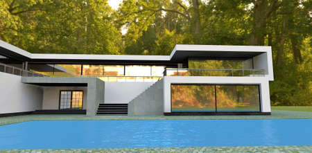 Amazing design high tech house with blue water pool among yellow trees. Strange shape, white facade and much reflective glass. 3d rendering. Good image for the sellers of real estate.の写真素材