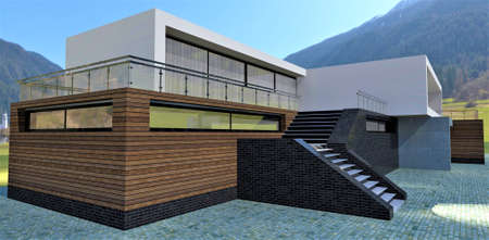 Stunning design high tech house standing between forest mountains. Wooden facade and flat roof terrace. 3d rendering. Good image for real estate website.の写真素材