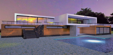 Cozy high-tech house with a rooftop terrace. Facade board and black brick finish. A bright lantern burns at the bottom of the pool. The setting sun is reflected in the windows.の写真素材