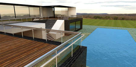 Wooden terrace of amazing high tech house. Big blue water swimming pool. Green field around. 3d rendering. Good idea for house decor designer.の写真素材