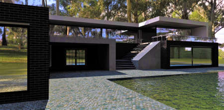 Luxury design suburban villa in a shadow of the tropical forest. Big swimming pool reflecting sun rays. 3d rendering. Excellent view for expensive real estate websites.の写真素材