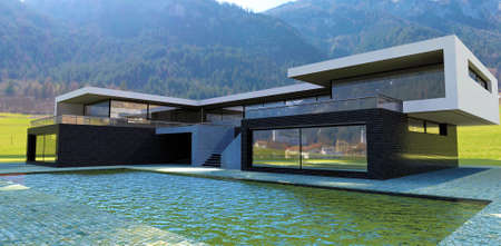 Awesome design suburban house in forest mountains. Big swimming pool. 3d rendering. Excellent image for real estate websites.の写真素材