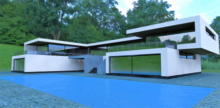 White high tech building with blue water swimming pool. flat roof. Awesome design. 3d rendering. Good for websites about suburban estate.の写真素材