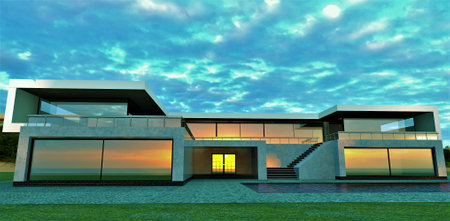 Amazing pink sunrise reflects in windows of contemporary luxury house. 3d rendering. Excellent image for any real estate website.の写真素材