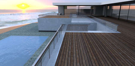 Beautiful sunrise on the sea. Waves come right up to a luxurious modern villa with a flat roof and a wooden deck. 3d rendering. Can be used for publications about modern real estate.の写真素材