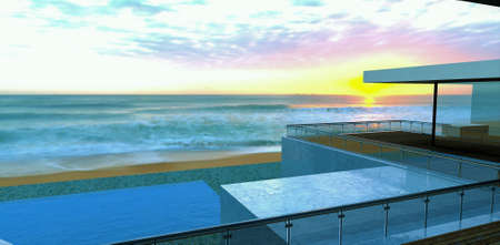 Amazing dawn. The sun rises from the sea. View from the terrace of a luxury high-tech house. 3d rendering. Great picture for romantic scenes.の写真素材
