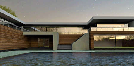 Awesome contemporary design high tech house. evening view. Flat roof and luxury wooden facade. 3d rendering. Can be useful for modern real estate sellers.の写真素材