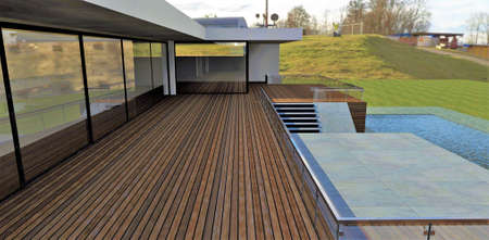 Wooden terrace of flat roof high tech house. Swimming pool and hilly field. 3d rendering. Good picture for designers of housing decor.の写真素材