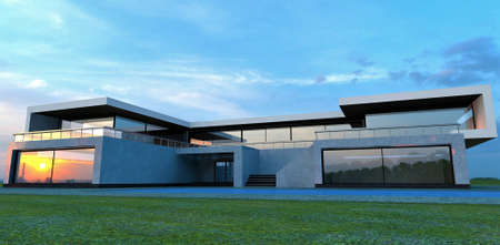 The urban sunset is reflected in the window of a luxurious high-tech villa. flat roof. large terrace. Wall decoration in white marble. 3d rendering.の写真素材