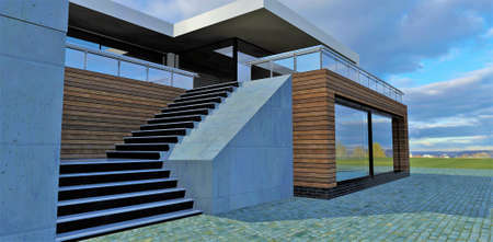 Staircase to the second floor of a chic high-tech house. Wood and concrete finish. 3d rendering. Suitable for home decor designers.の写真素材