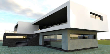 Awesome design high tech house. concrete walls. Black bricks stair case. large balcony. flat roof. 3d rendering.の写真素材