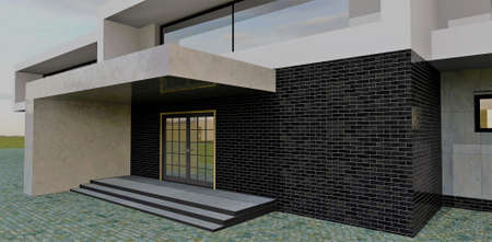 Entrance to a contemporary high tech home. Marble porch, black bricks wall, and multi-colored paving stones. 3d rendering.の写真素材