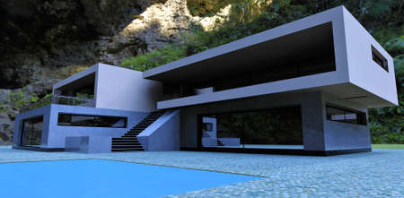 Modern high-tech building near the foot of the cliff. Flat roof, terrace and blue water pool. 3d rendering.の写真素材